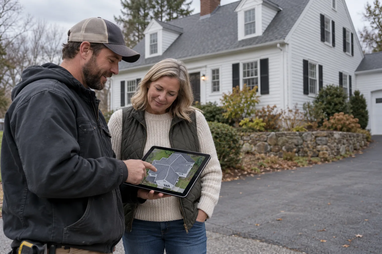 Roofing provider reviewing a roof estimate with a homeowner