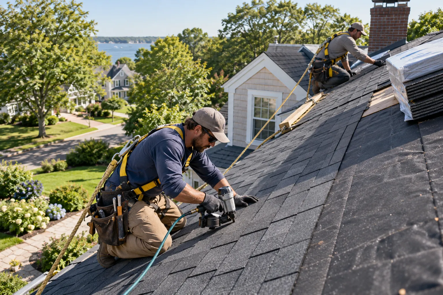 A roofing provider crew installing new shingles on a house near Kinnelon